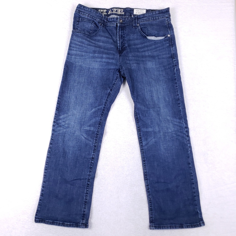 TK Axel Mens Slim Boot Cut Jeans Dark Wash Blue Denim Size 38x32